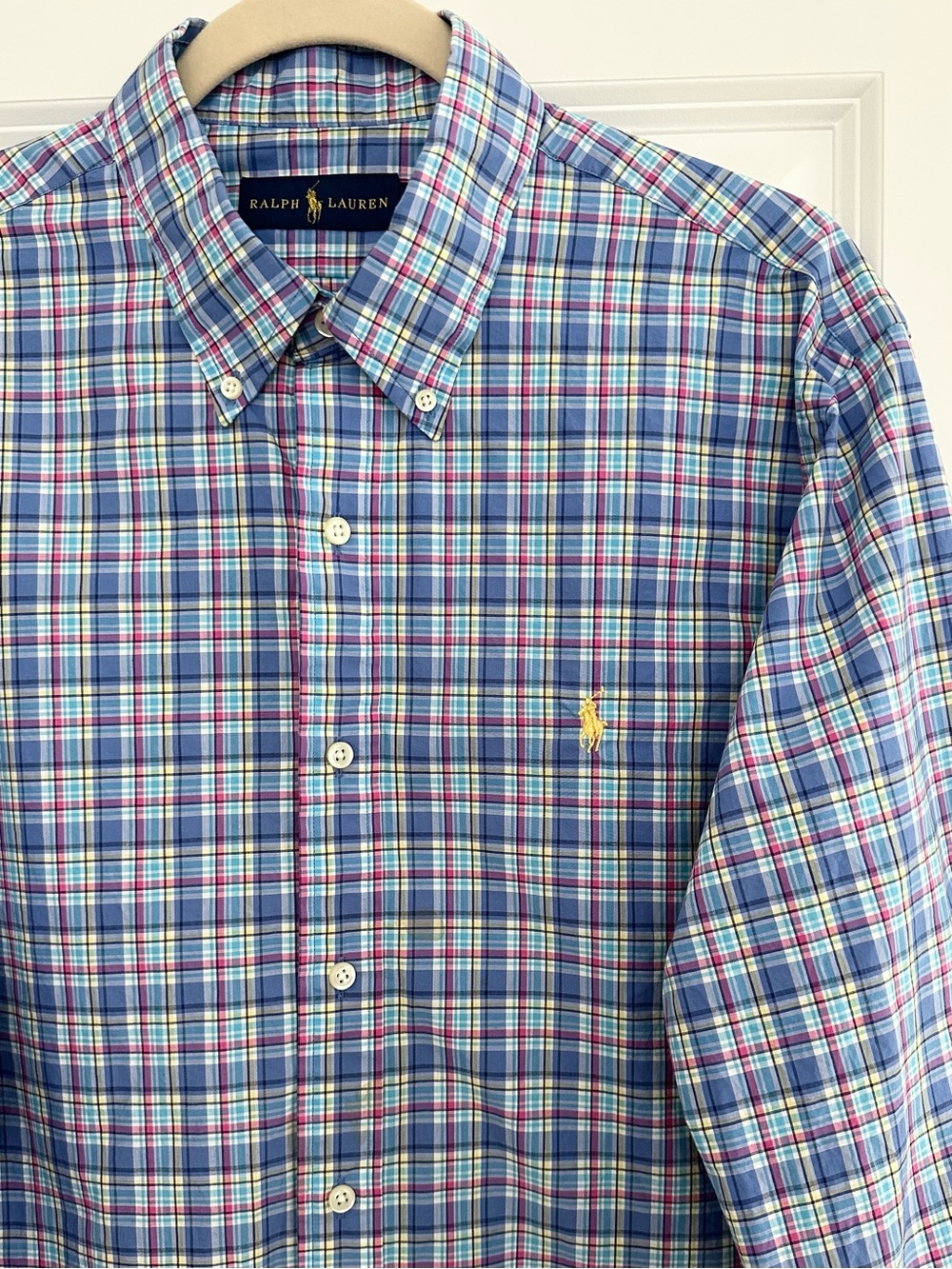 Ralph Lauren Blue Pink Yellow Plaid Long Sleeve Button Down Oxford Dress Shirt